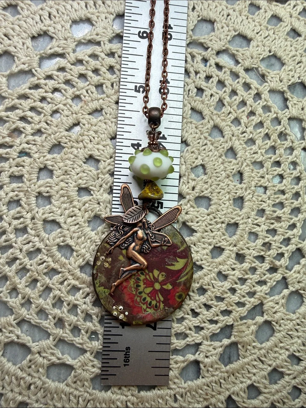 Copper Fairy Pendant Necklace with Green Accents